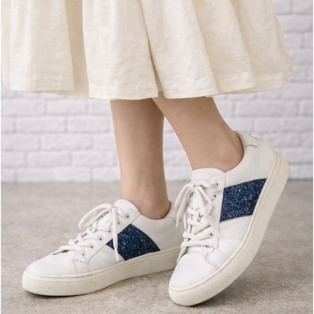 Tory Burch Carter Glitter Sneaker Women's Size 7M Lace Up White Blue